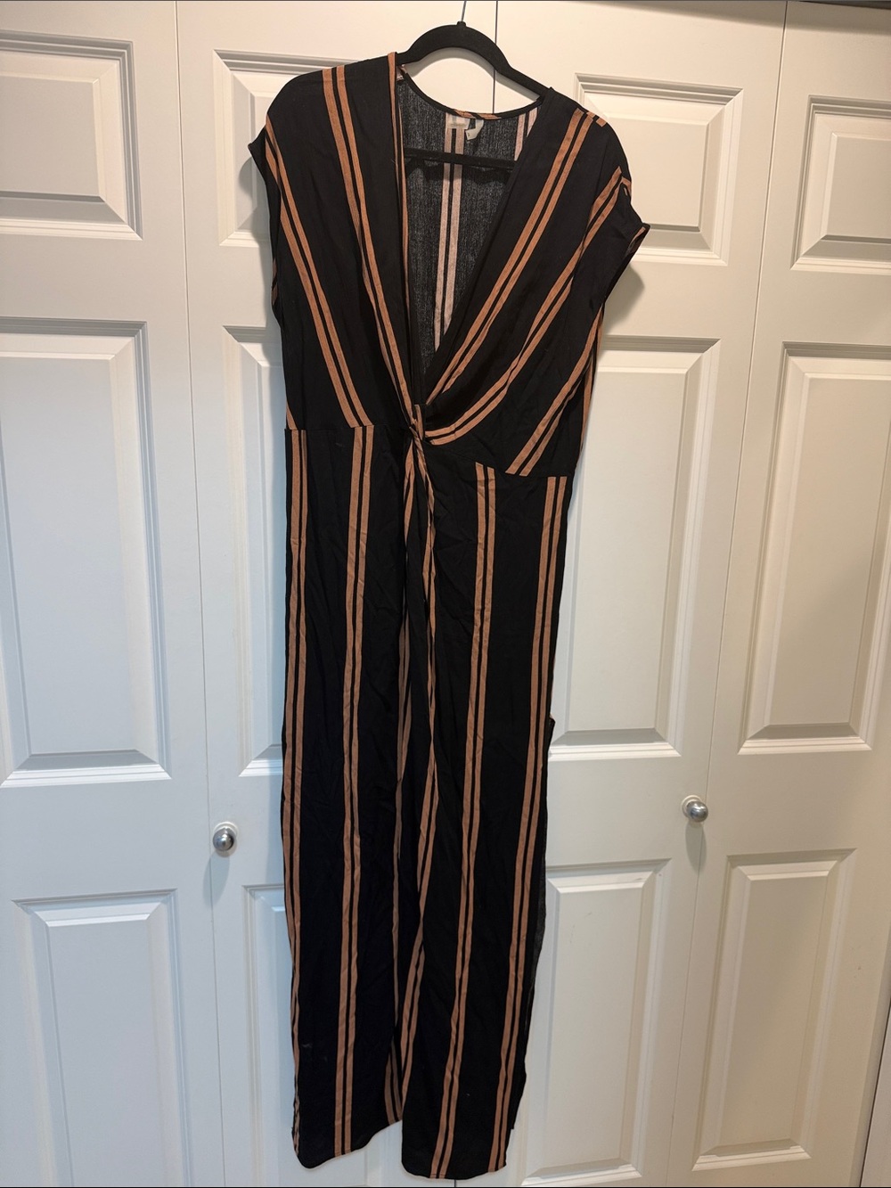 Lulu's Black & Tan Vertical-Stripe Maxi Dress with Twist Front